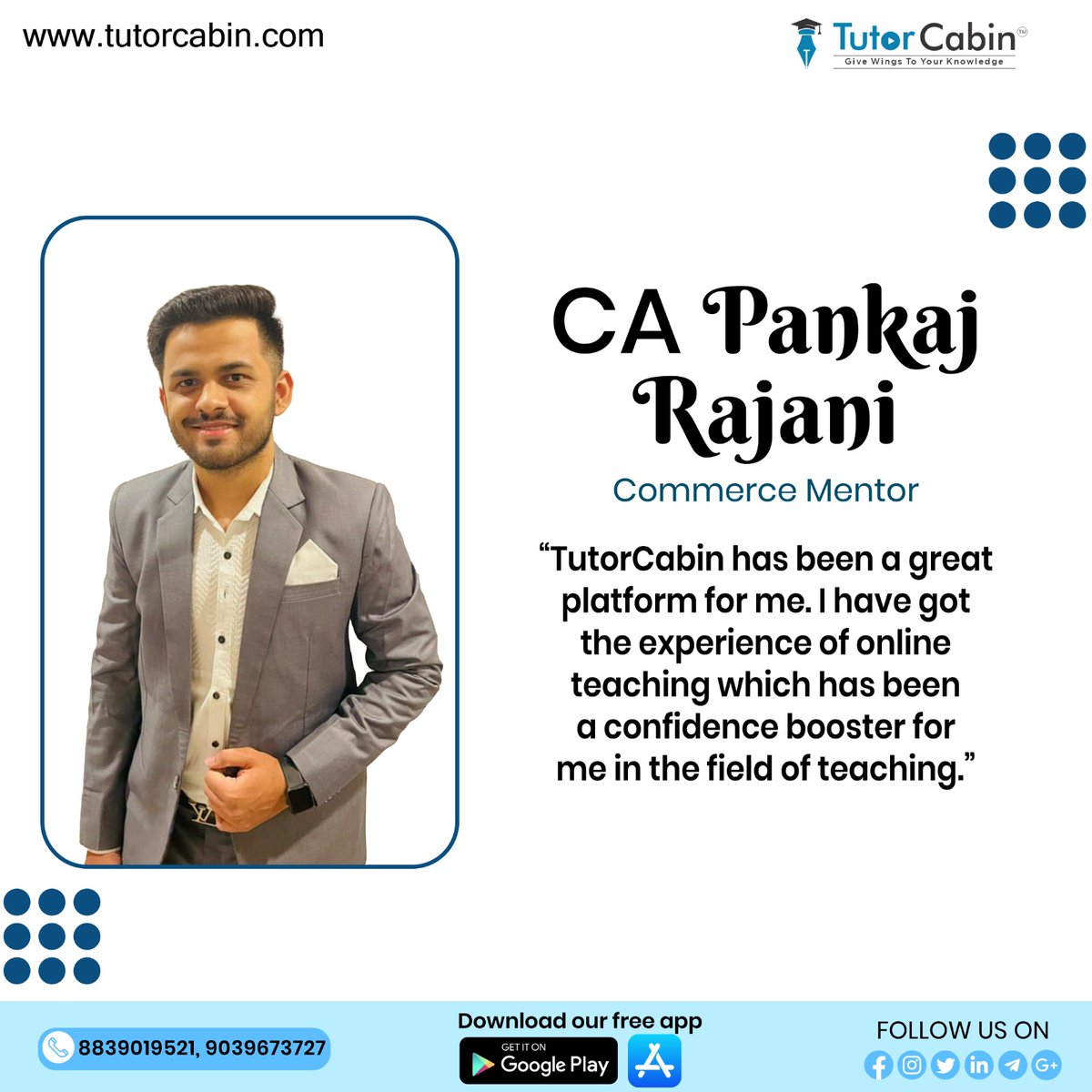 Glad to see that not only our students but mentors are observing improvement.

Thank you CA Pankaj Rajani to be part of TutorCabin.

#Tutorcabin #mondaymotivation #mondayvibes #mentors #onlineteacher #employeeexperience #employees #introduction #commercestudents #commercecoaching