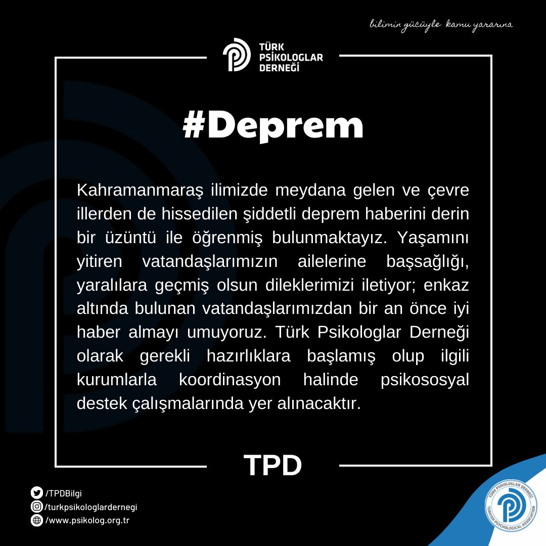 Kahramanmaraş ilimizde meydana gelen ve çevre illerden de hissedilen şiddetli deprem haberini derin bir üzüntü ile öğrenmiş bulunmaktayız. Yaşamını yitiren vatandaşlarımızın ailelerine başsağlığı, yaralılara geçmiş olsun dileklerimizi iletiyor; enkaz altında bulunan+
(1)