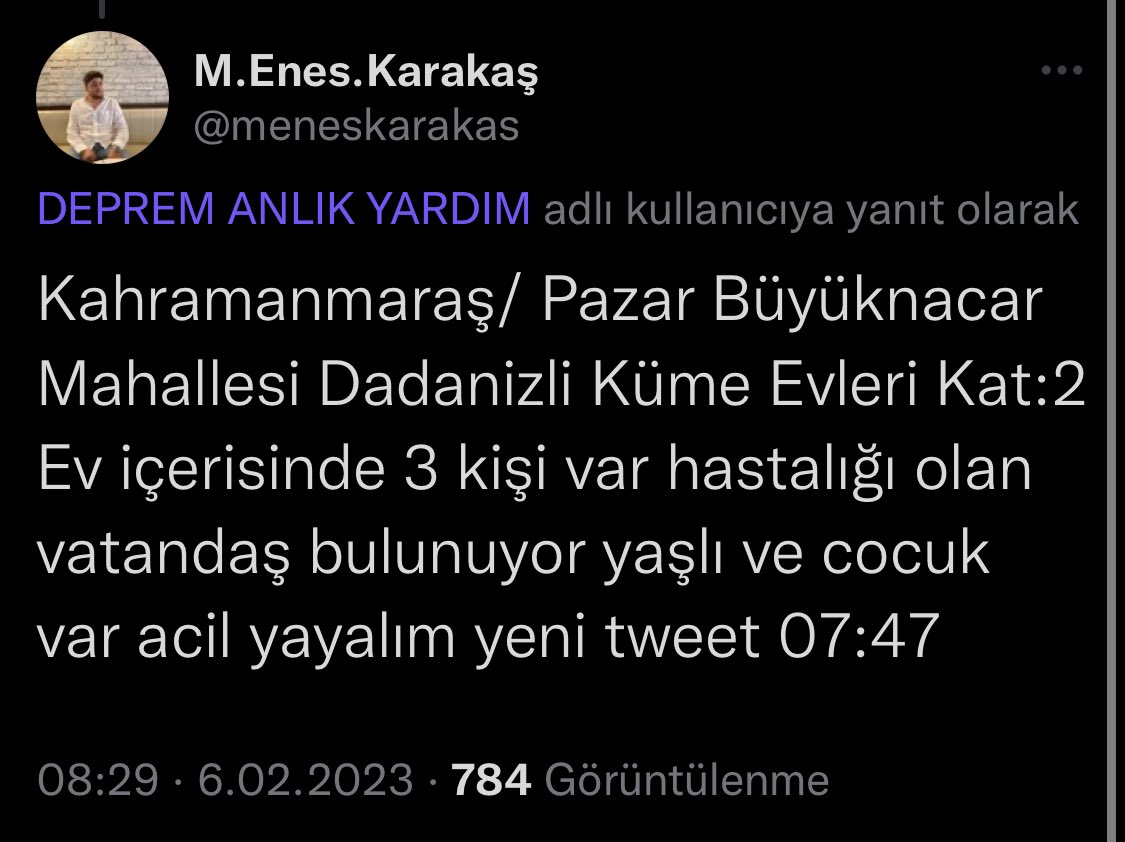 #AFAD
Konum: Kahramanmaraş/ Pazar Büyüknacar Mahallesi Dadanizli Küme Evleri Kat:2