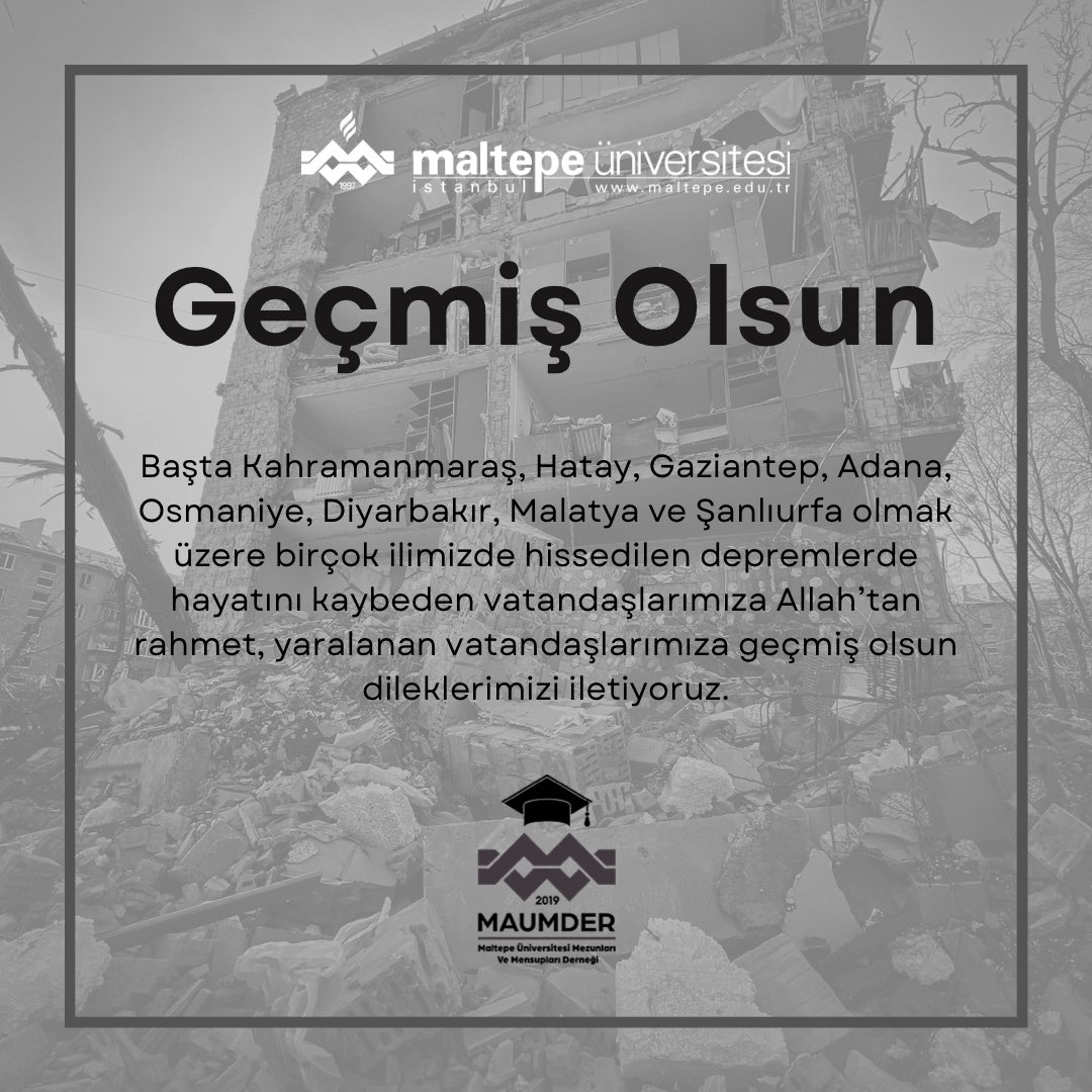 maummder's tweet photo. Başta Kahramanmaraş, Hatay, Gaziantep, Adana, Osmaniye, Diyarbakır, Malatya ve Şanlıurfa olmak üzere birçok ilimizde hissedilen depremlerde hayatını kaybeden vatandaşlarımıza Allah’tan rahmet, yaralanan vatandaşlarımıza geçmiş olsun dileklerimizi iletiyoruz.

#Deprem https://t.co/iwetRR7Eas