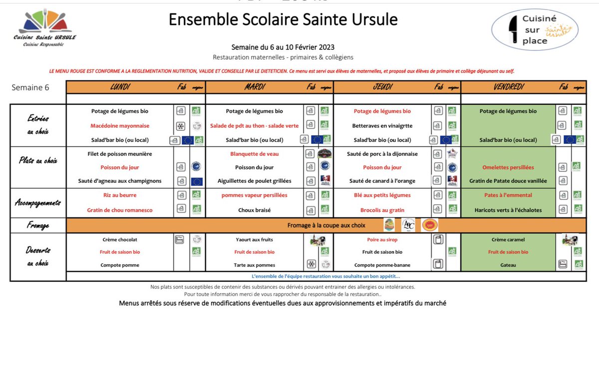 Menu de la semaine 6 à la cantine de <a href="/sainteursuleldb/">Sainte Ursule LDB</a>. Bonne semaine à tous.