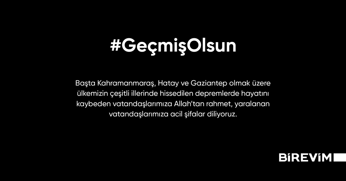 #GeçmişOlsun… 

Kahramanmaraş, Hatay, Adana, Osmaniye, Diyarbakır, Malatya ve Şanlıurfa başta olmak üzere ülkemizin çeşitli illerinde hissedilen depremlerde hayatını kaybeden vatandaşlarımıza Allah’tan rahmet, vatandaşlarımıza acil şifalar diliyoruz.