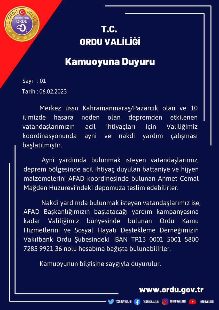 Afet’ten etkilenen vatandaşlarımıza yapılacak ayni ve nakdi yardımların AFAD koordinasyonunda yapılacağına ilişkin basın duyurusu.
<a href="/TC_icisleri/">T.C. İçişleri Bakanlığı</a> <a href="/AFADBaskanlik/">AFAD</a> <a href="/tuncaysonel/">Tuncay Sonel</a>
