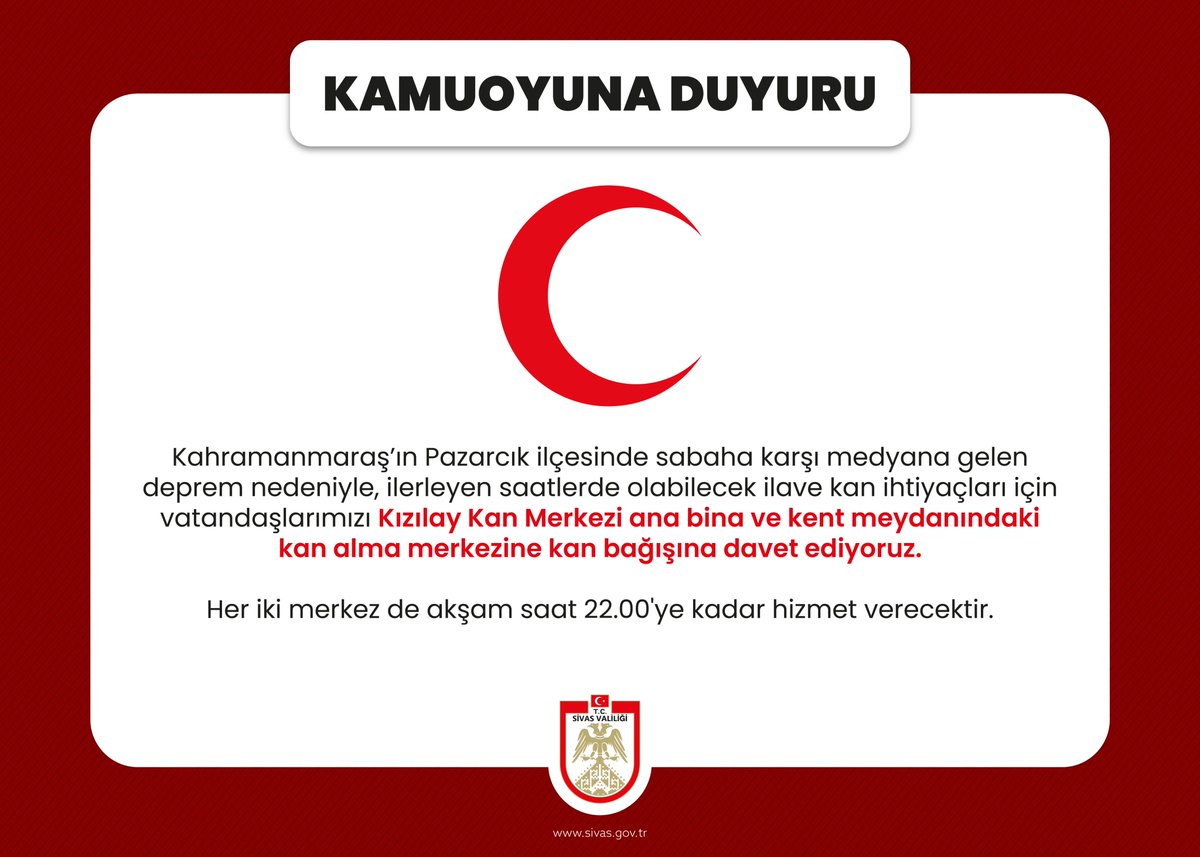Kahramanmaraş’ın Pazarcık ilçesinde sabaha karşı medyana gelen deprem nedeniyle, ilerleyen saatlerde olabilecek ilave ihtiyaçları için vatandaşlarımızı Kızılay Kan Merkezi ana bina ve kent meydanındaki kan alma merkezine kan bağışına davet ediyoruz.

<a href="/Kizilay/">Türk Kızılay</a> #deprem