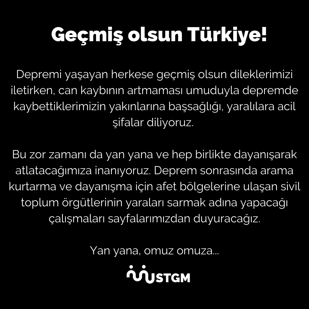 stgmdernegi's tweet photo. Geçmiş olsun Türkiye!

Depremi yaşayan herkese dileklerimizi geçmiş olsun dileklerimizi iletirken, can kaybının artmaması umuduyla depremde kaybettiklerimizin yakınlarına başsağlığı, yaralılara acil şifalar diliyoruz. https://t.co/1k1OLxVKFe