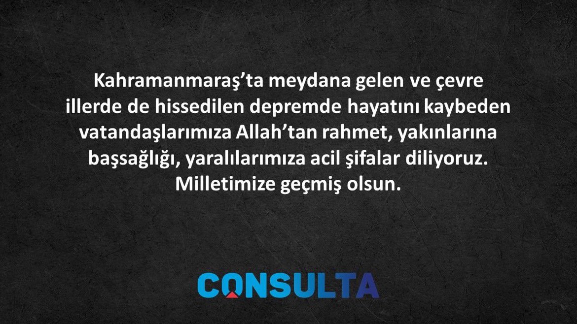 ConsultaGroup's tweet photo. Bu sabah çok sayıda meydana gelen depremden ötürü hayatını kaybeden vatandaşlarımıza Allah’tan rahmet, yakınlarına başsağlığı ve tüm yaralı vatandaşlarımıza acil şifalar dileriz.
#deprem https://t.co/gBDCufMDjA