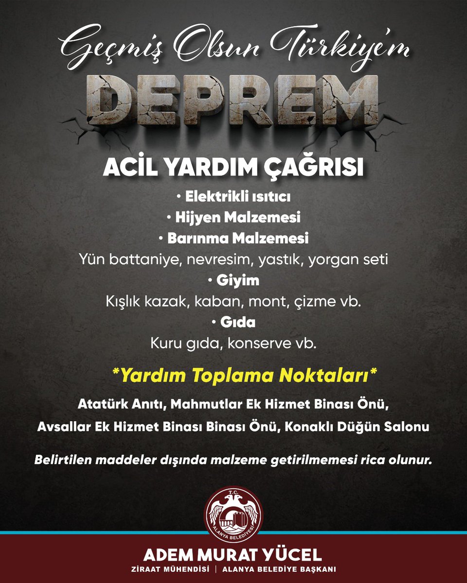 ALANYABLD's tweet photo. Depremden etkilenen vatandaşlarımız için yardım kampanyası başlattık. İlk etapta acil ihtiyaç olan malzemelerin toplanması amacıyla yardım kampanyamıza desteklerinizi bekliyoruz. Desteklerinizle, birlik ve beraberlik içinde bu zor günleri birlikte atlatacağız. https://t.co/brk8reMict