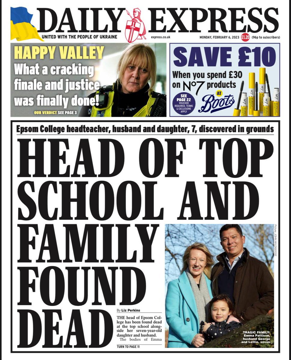 lizperkinsmedia's tweet image. Here&apos;s my #frontpage of the #secondedition of the @Daily_Express following the deaths of the #EpsomCollege head teacher and her family within the grounds.