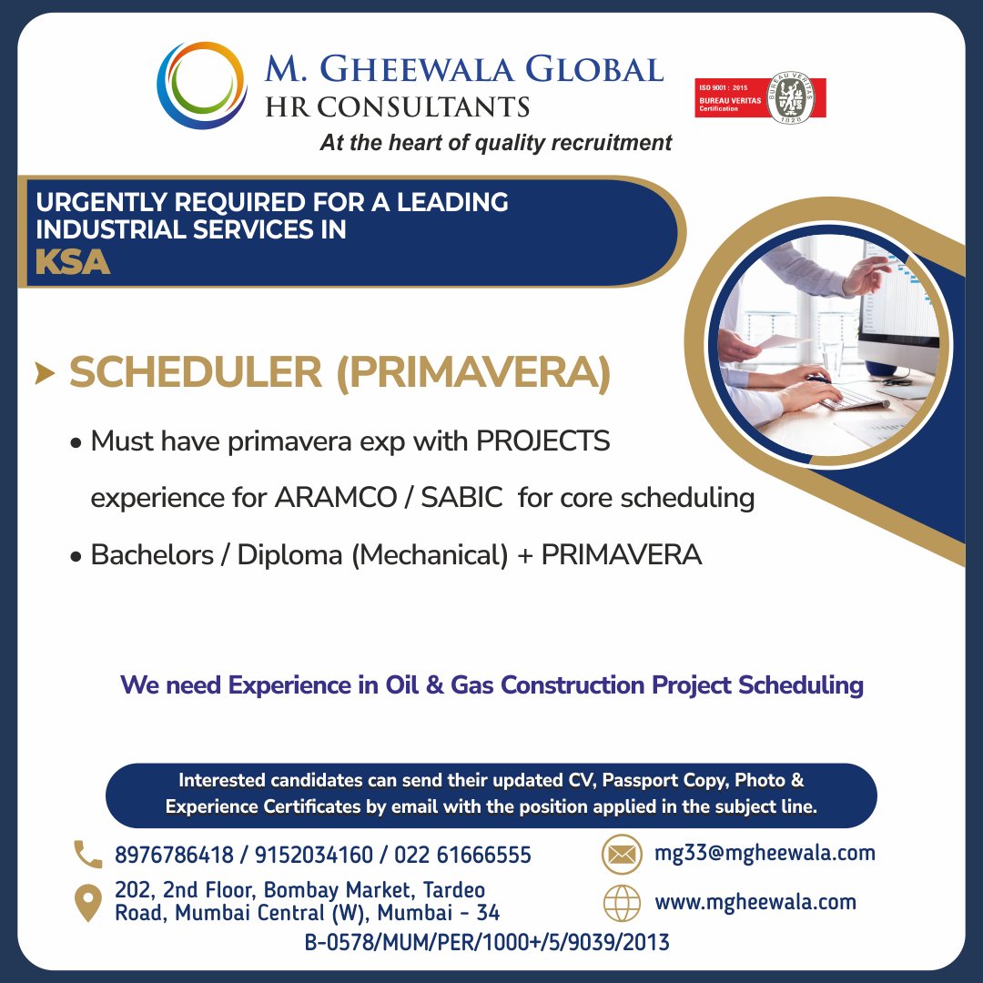 mgheewala_hrc's tweet image. Job Vacancies for #Saudiarabia

Interested Candidates can send the updated resume to mg33@mgheewala.com

Learn More mgheewala.com

#scheduler #projectscheduler #primavera #projecthandling #projectexperience #aramco #sabic  #saudijobs #jobsinsaudi