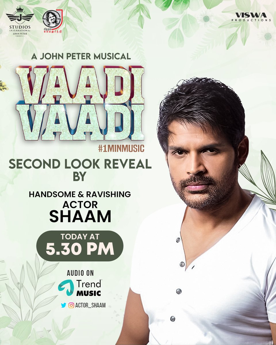 trendmusicsouth's tweet photo. Excited to announce that Handsome &amp; Ravishing @ActorShaam is releasing the SECOND LOOK of #VaadiVaadi 🎵 a #1MinMusic 🎉 by #JStudiosInternational &amp; @Viswa_offl is awaiting its release! 😁

A #JohnPeter Musical 🎻
Audio On @trendmusicsouth 📻

@ArunKarthiOff  #AshwiniAanandita https://t.co/qKp75WAw3u