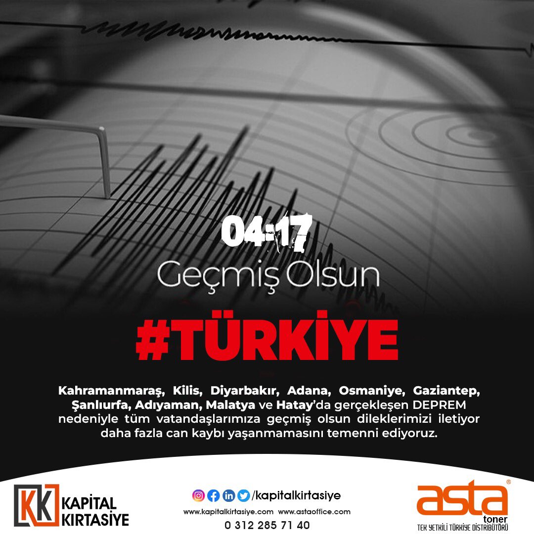 Pek çok ilimizi etkileyen deprem felaketinde hayatını kaybedenlere Allah’tan  Rahmet, ailelerine ve sevenlerine baş sağlığı diliyoruz. Depremden etkilenen tüm vatandaşlara geçmiş olsun diyor, yaralılara aci şifalar dileriz. 
Yaşanan bu felaketi en az hasar ile atlatalım diliyoruz