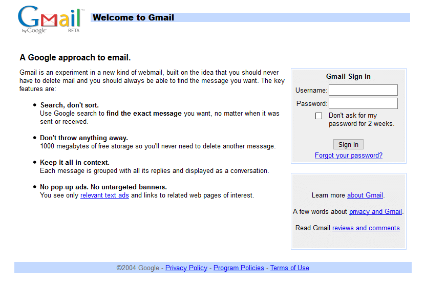 WebDesignMuseum's tweet photo. Happy 19th Birthday Gmail! 

On April 1, 2004, Gmail was launched.

#InternetHistory https://t.co/29CLeMkt5p