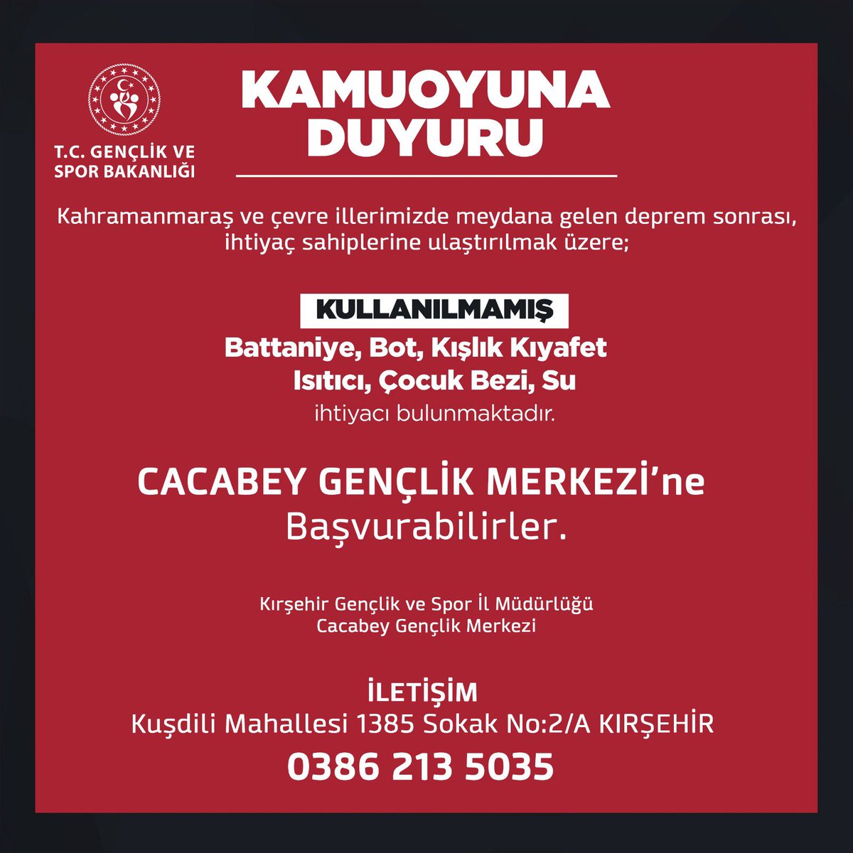 Afet Bölgelerinde ihtiyaç duyulabilecek malzemeleri Gençlik Merkezimize ulaştırabilirsiniz.
#deprem 
#AFAD
#Kırşehir 

<a href="/gencliksporbak/">Gençlik ve Spor Bakanlığı 🇹🇷</a> 
<a href="/kasapoglu/">Dr. Mehmet Kasapoğlu</a>