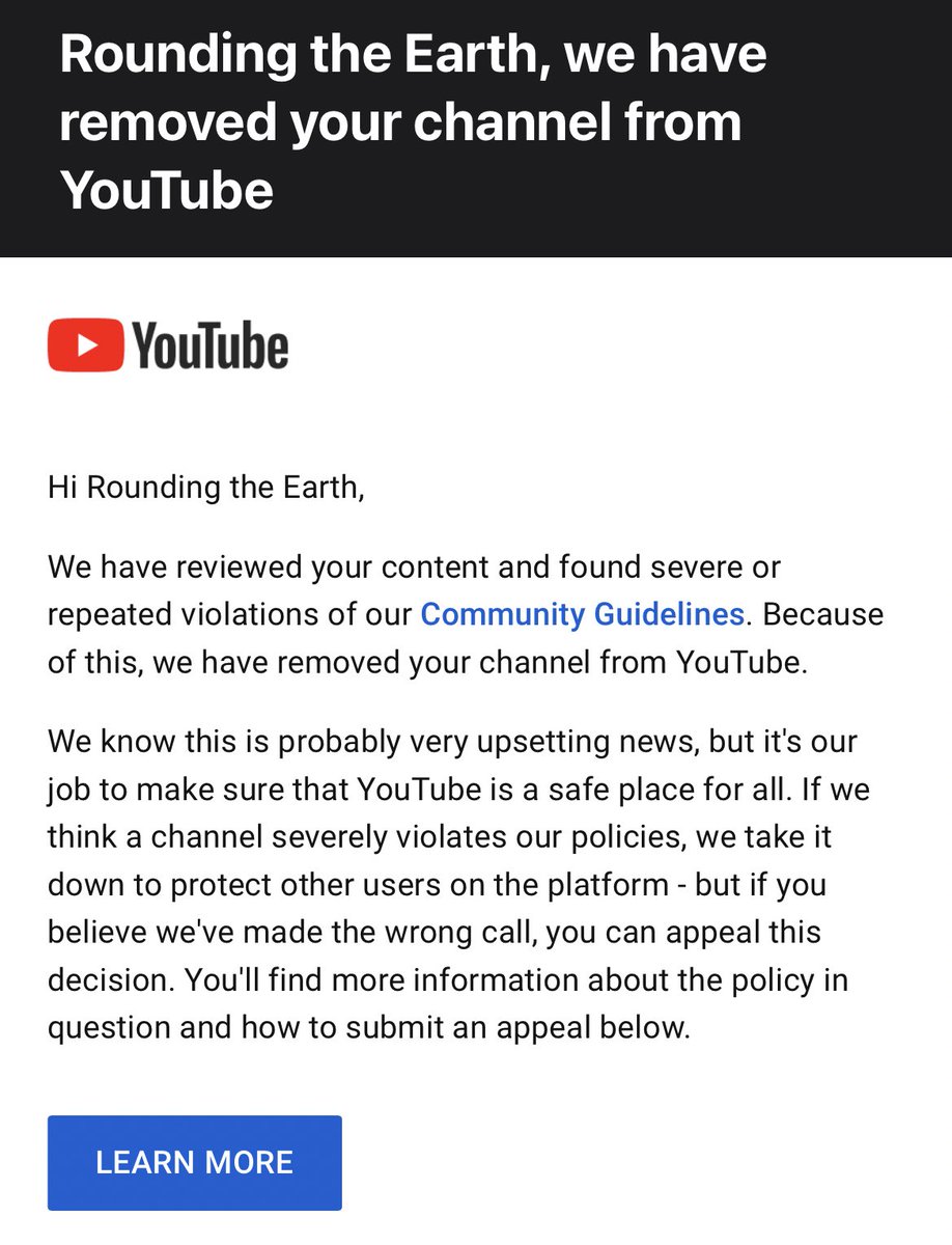 RoundEarthClub's tweet photo. It’s official. @TeamYouTube has fully deplatformed Rounding the Earth.
#censorship #PfizerGate #SilenceIsNotAnOption #cancelled #firstamendment #FreedomofSpeech #suppression #YouTube #youtubefiles https://t.co/S1nesaRtUf