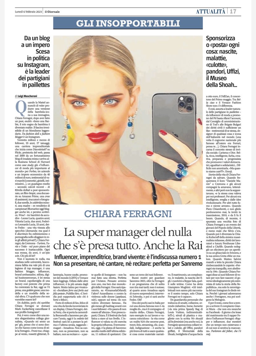 Per la serie “Gli insopportabili” dopo (tra gli altri) Parenzo, Toscani, Travaglio, Damilano, Jebreal, Brunetta, Sala, Severgnini, Saviano, Schlein, Gramellini, Burioni, Formigli, Adani, Amadeus, Erri De Luca, lo mio affettuoso ritratto di Chiara Ferragni ilgiornale.it/news/politica/…