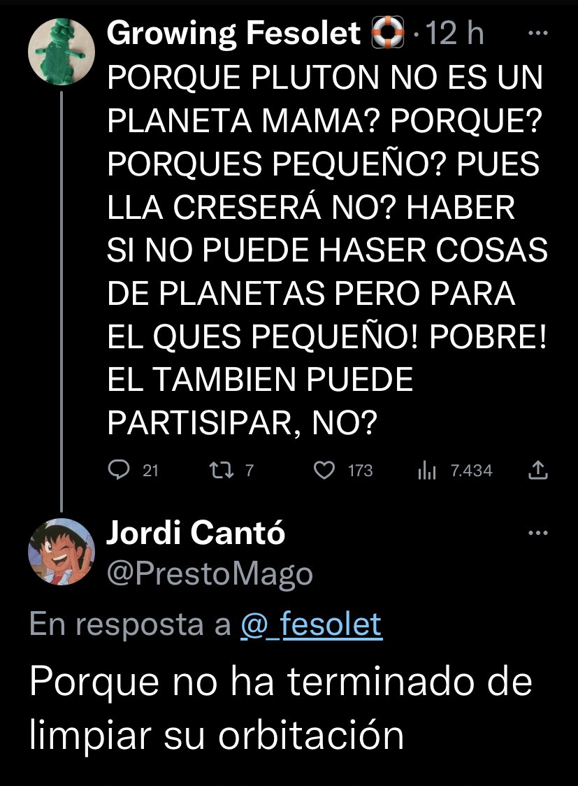 _fesolet's tweet photo. La mejor respuesta al tuit donde Fesolet pedía porque Pluton no era un planeta: “porque no ha terminado de limpiar su orbitación”
Gracias @PrestoMago por las risas! https://t.co/dXz7cZB7QI