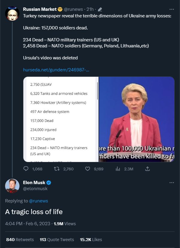 broe_jake's tweet image. Elon Musk is one of the dumbest humans on the planet.  He reads Russian propaganda that says “2,458 Dead NATO soldiers” and then promotes the tweet by replying to it.  Either this man is a shill for Russia or he seriously is missing a complete brain.