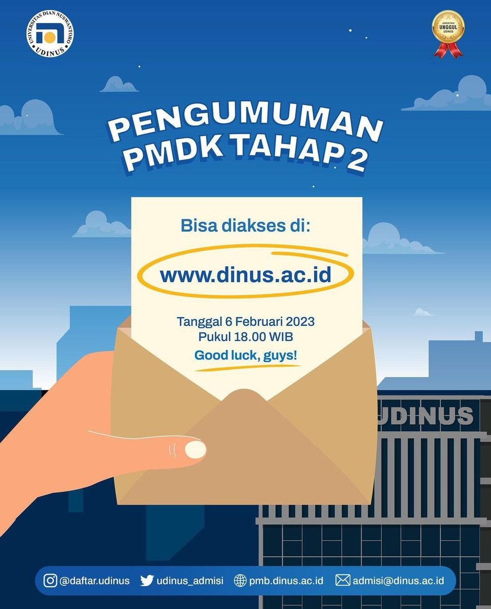 Siap siap untuk pengumuman PMDK 2 nanti pukul 18.00 WIB cek website :
- dinus.ac.id (Semarang) 
- kediri.dinus.ac.id (Kediri)
lalu login ke apply.dinus.ac.id/status-pendaft…

Good luck 😉