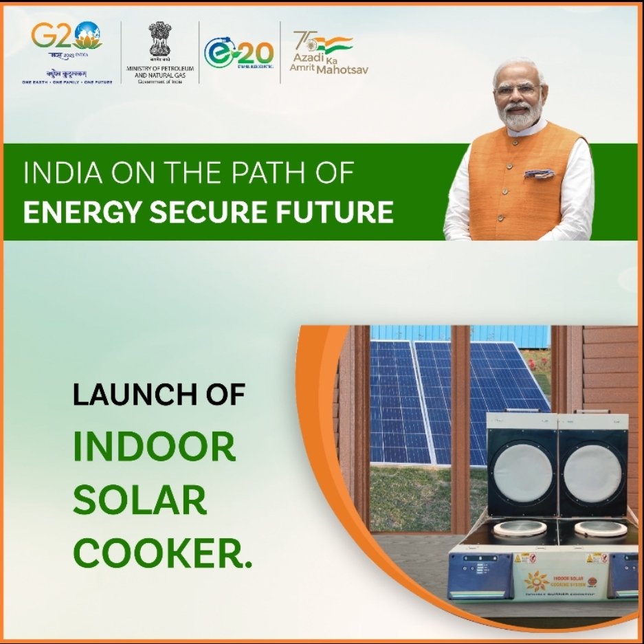 bhagwantkhuba's tweet image. Hon'ble PM Sri @narendramodi Ji launches indoor #SolarCooker and solidifies India's pledge towards Clean and Green energy.

This Solar Cooker is also a boon for our mothers and sisters as it empowers them with a better quality of life, free from fumes. 

#IndiaDrivesE20
