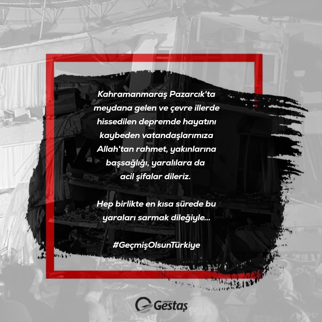 Kahramanmaraş Pazarcık'ta meydana gelen ve çevre illerde hissedilen depremde hayatını kaybeden vatandaşlarımıza Allah'tan rahmet, yakınlarına başsağlığı, yaralılara da acil şifalar dileriz. 

Hep birlikte en kısa sürede bu yaraları sarmak dileğiyle...

#GeçmişOlsunTürkiye