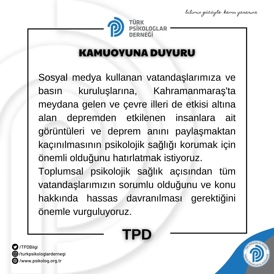 Sosyal medya kullanan vatandaşlarımıza ve basın kuruluşlarına, Kahramanmaraş'ta meydana gelen ve çevre illeri de etkisi altına alan depremden etkilenen insanlara ait görüntüleri ve deprem anını paylaşmaktan kaçınılmasının+
(1)