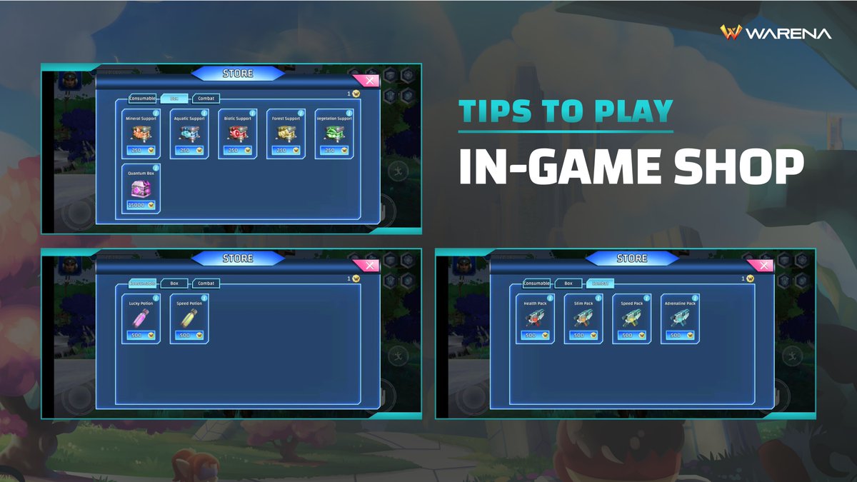 ✅ In-game Shop? Seems familiar, but another great tip is revealed below!

The in-game shop where you can buy all the essential supplies, like 🧪 consumables for crafting, 🎁 boxes, and 🔫 guns. Click the tab icon and choose your item. 

But always remember, save some $WARE!
