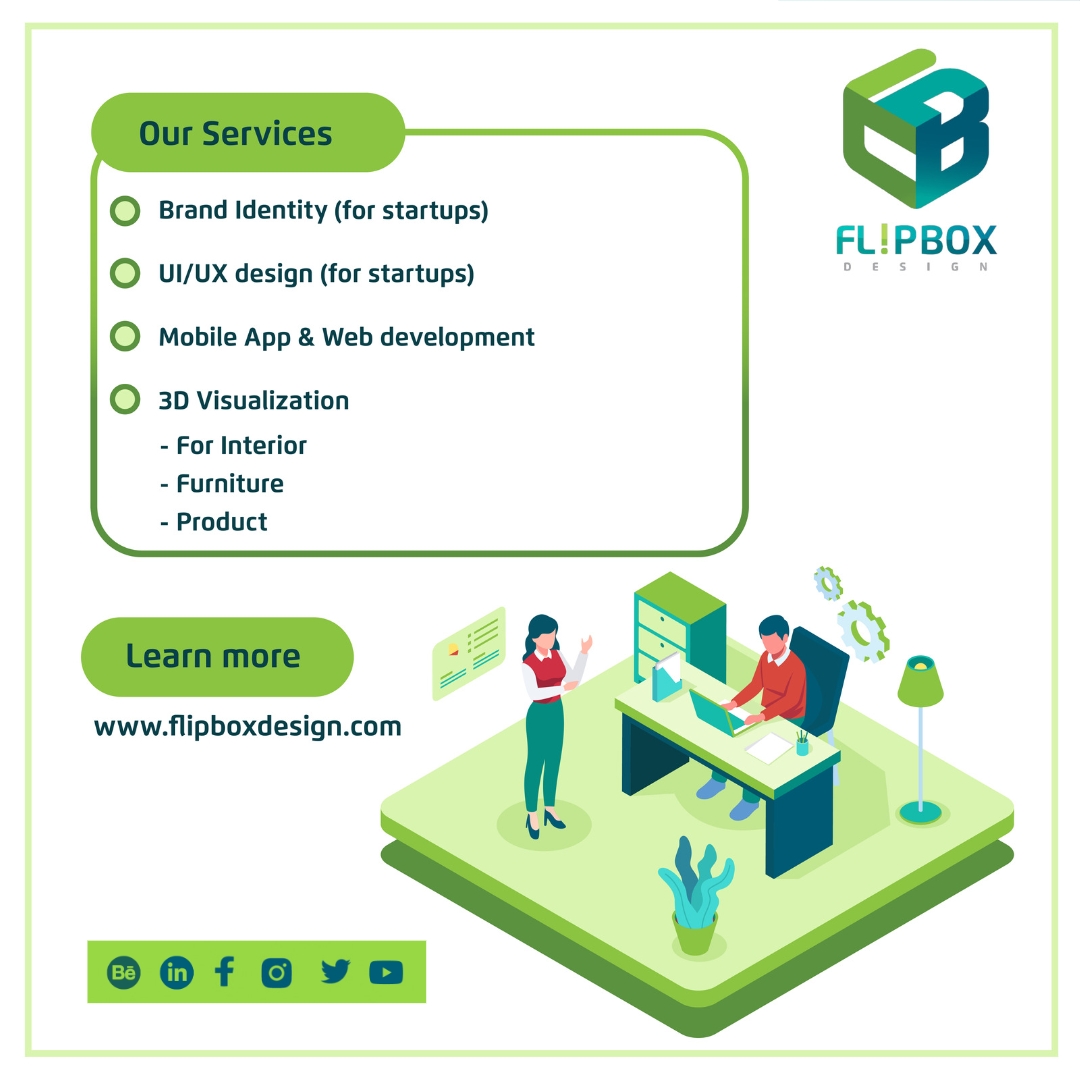 Bring your design vision to life with #FlipBox! We specialize in #BrandIdentity, #WebDevelopment, #UIUXDesign, #ProductRendering, #FurnitureRendering, #Architectural,#InteriorRendering & #MobileApplications. Let us help you unleash the power of #innovation! #DesignConsultancy