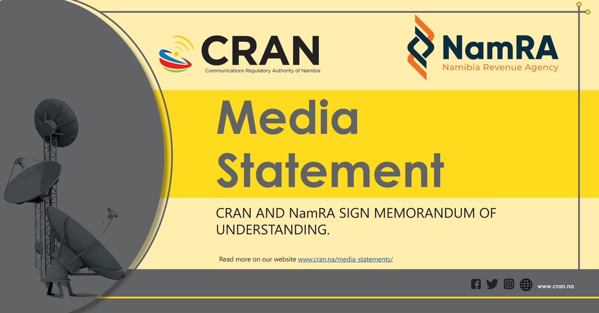 CRANamibia's tweet photo. MEDIA STATEMENT: CRAN AND NamRA SIGN MEMORANDUM OF UNDERSTANDING

Read more by following this link: https://t.co/BCdLAABrHq

Photo Caption: Same Shivute, NamRA Commisioner; and Katrina Sikeni, Head: Corporate Communication, CRAN.

#CRAN #ICT #Regulator 📡🇳🇦 https://t.co/buiqvS3IUE