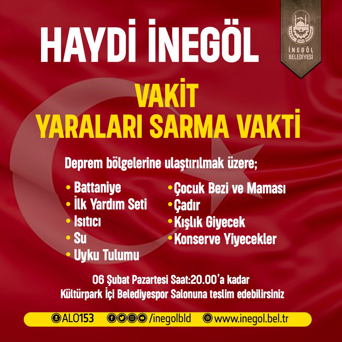 TÜM STK VE VATANDAŞLARIMIZA ÇAĞRIMIZDIR;
Acısında da, tatlısında da hep beraberiz.
Şimdi de #deprem bölgelerimizin ihtiyaçlarını karşılamak için yardımlarınızı bekliyoruz.
Bu akşam 20.00'a kadar listede belirtilen ihtiyaçları Kültür Park içerisindeki spor salonumuza bekliyoruz.