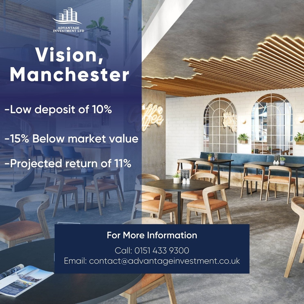 Vision, Manchester's new luxury residential apartments that have a low deposit of only 10%.

These high-end apartments are 15% below market value, and with a projected return of 11%🪙. 

Send us a message for more information💸. 

 #buytolet #manchester #lowdeposit