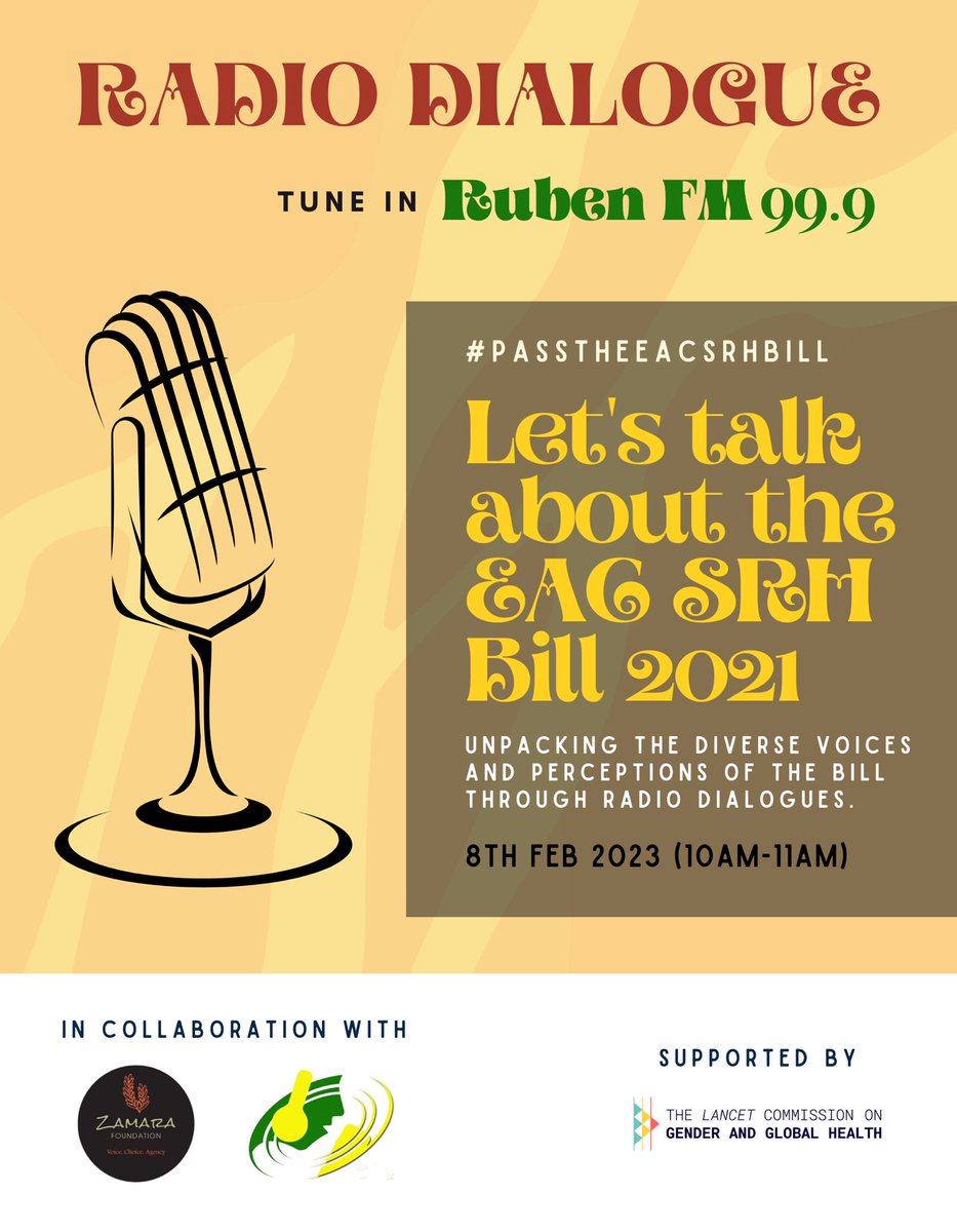 What's your plan this Wednesday? Tune in @rubenfm999 from 10am-11am as we hear from SRHR activists about their understanding on the EAC SRH bill and what it means in their context. Don't miss this important discussion!

#VoicesOnEACSRHBill 
#PassTheEACSRHBill 
#ZamaraVoices