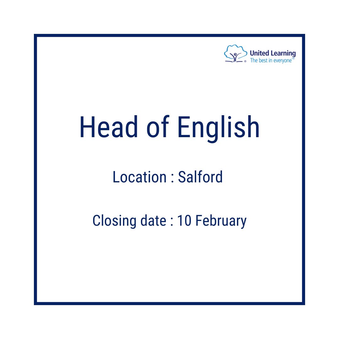 📣Job of the day📣 We are looking to appoint a Teacher of English in #Salford. Interested? Find out more and apply now: ow.ly/IPpZ50MJbTu
#joboftheday  #jobsearch #hiring #vacancy #applynow #education #opentowork #jobs2apply4 #jotd #Geographyteacher #Salfordjobs