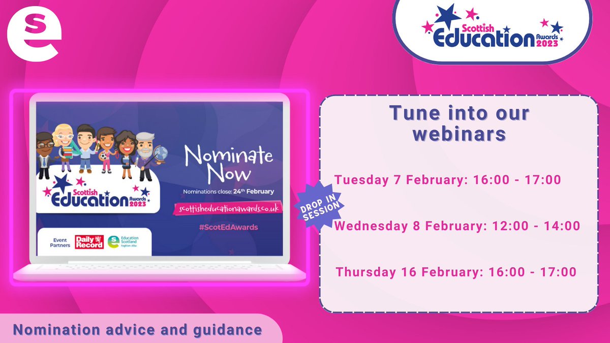 EducationScot's tweet photo. Last chance to sign up for tomorrow's webinar for #EdScotAwards at 16:00.
If you're looking for nomination advice and guidance, sign up now β‘οΈ https://t.co/adafK0xFdA
Nominate here: https://t.co/8UnTGxmudN https://t.co/x9tJKQuWLF