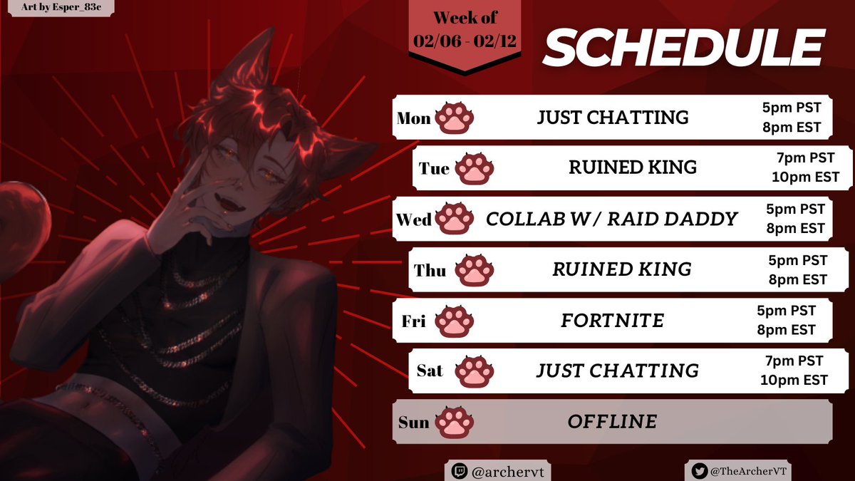 TheArcherVT's tweet photo. 💋Schedule💋
~LOADED WEEK!~
❣️"Get ready, things are picking up!"❣️
🖌️Fanart: #ARTcher
🔞NSFW: #Archerussy
🎮#Vtuber #ENVtuber #VtuberUprsing https://t.co/7ycdEUHkPH