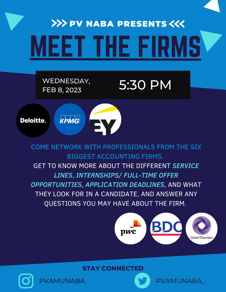PvamuNABA's tweet photo. 📈📊PVAMU NABA Present "Meet the Firm" THIS WEDNESDAY @ 5:30pm in the Business and Ag Building-Trade Room‼️ Come hear from the 6 top firms discuss internships/full time opportunities, applications, what they look for in a candidate, and answer any questions about the firm. https://t.co/VgYulzeXS8