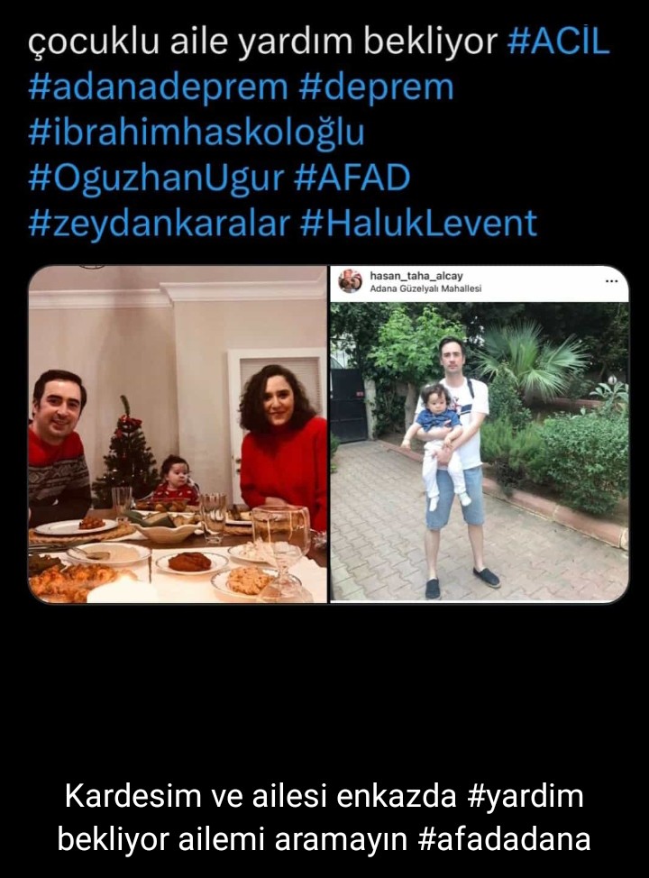 Onunyerineresi1's tweet photo. Yurt mahallesi 71517 sk ekim apt k6 d17 çukurova/adana.  
Arkadaslari lutfen rt yapin oglumun ogretmeninin ailesi yardim bekliyor hala enkaz altindalar...lutfen paylasin birileri gorebilsin🙏 belki bir faydamiz olur lütfen https://t.co/LL17gDCMxw
