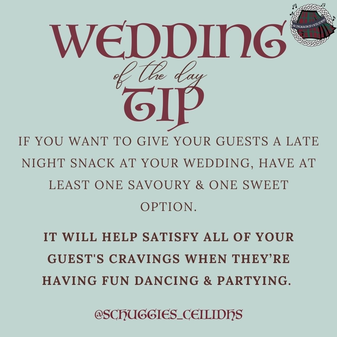 #Weddingtip

Here's a little tip that is sure to keep your guests on the ceilidh dance floor until the small hours✨

Don't forget to follow for more tips just like this one🥧

#weddingplanningbegins #Uniqueparty #Lgbtweddingideas
#ScottishMusic #ScottishTheme #Scottishdance