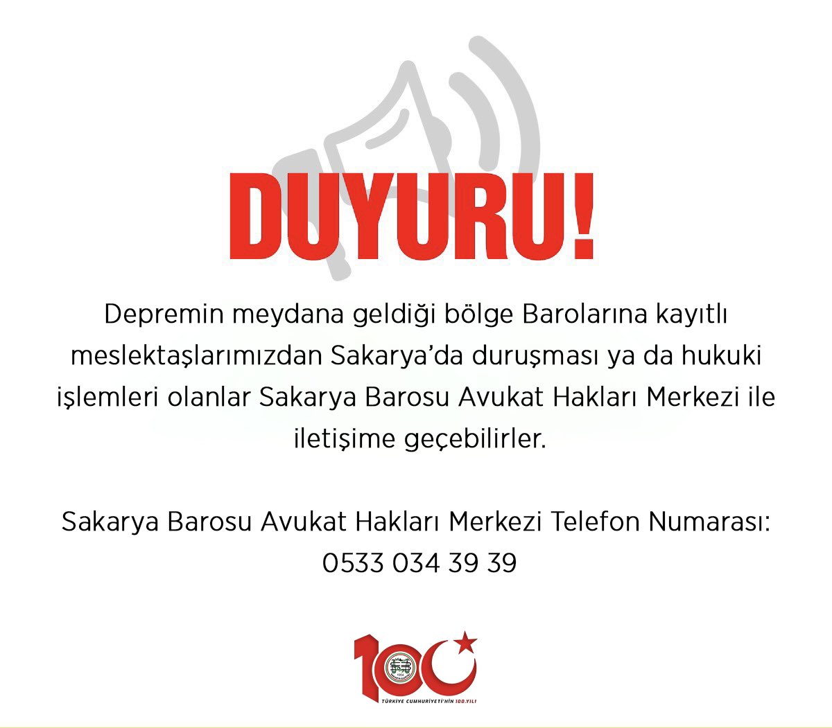 Depremin meydana geldiği bölge Barolarına kayıtlı meslektaşlarımızdan Sakarya’da duruşması ya da hukuki işlemleri olanlar Sakarya Barosu Avukat Hakları Merkezi ile iletişime geçebilirler.

Sakarya Barosu Avukat Hakları Merkezi Telefon Numarası:

0533 034 39 39