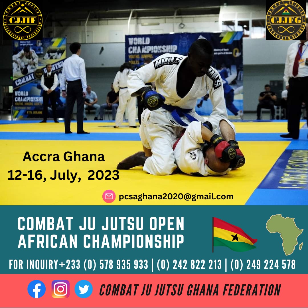 🥋 | Combat Ju Jutsu open Africa Championship.

📍Accra, Ghana - West Africa
📆 12- 16 July, 2023.

Call numbers in the flyer to register NOW!

#combatjujutsu #ghana #accraghana #jujutsujujitsu #jujutsu #combattraining #chmapionship