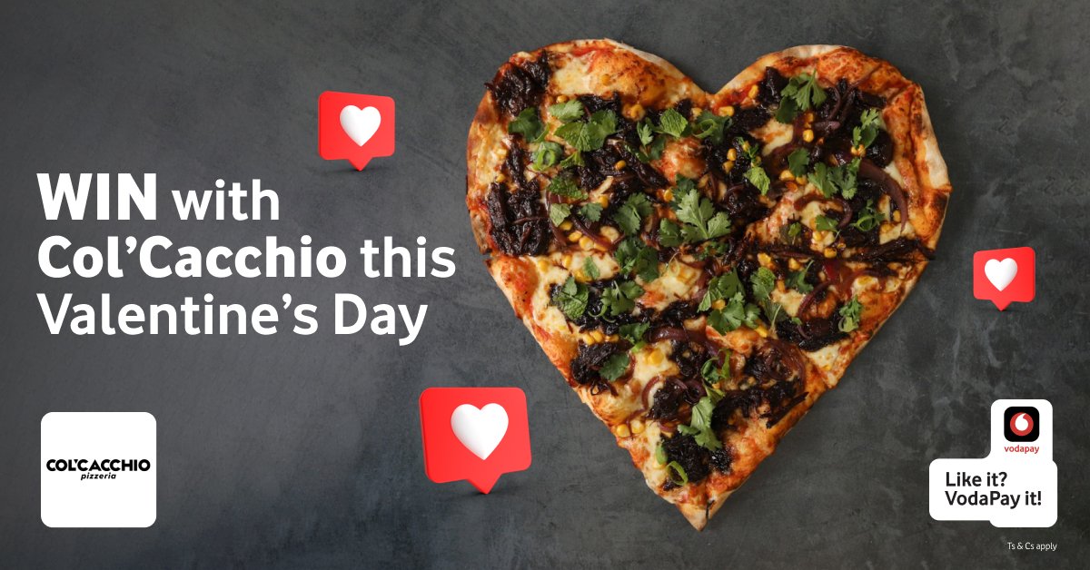 VodaPay's tweet photo. Stand a chance to WIN a R500 @ColCacchio voucher! 🍕
 
To enter: 
1) Post a screenshot of a Col’Cacchio voucher on VodaPay.
2 ) Tag the person you want to share a Valentine’s dinner with. 
3) Follow VodaPay 
 
Visit the Vouchers mini program: https://t.co/1PT2az5i7Q
#VodaPayIt https://t.co/tUvh8NEnFW