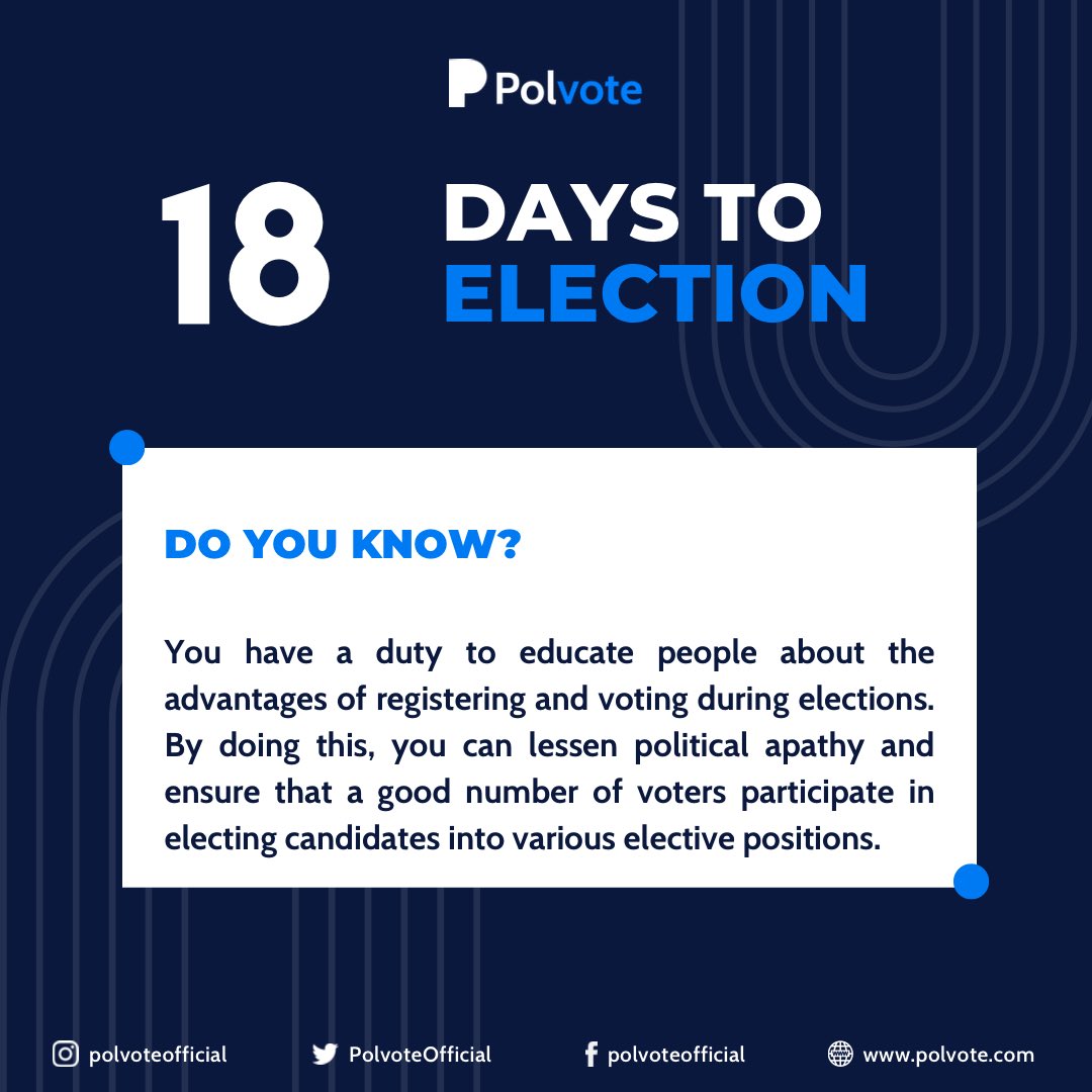 PolvoteOfficial's tweet photo. In less than 20 days, there will be a change of government in Nigeria and it’s pertinent we ensure that the right decision is taken. Every form of political apathy should be discouraged. 

Let’s strive towards better economy, better Nigeria and better government.

#2023Elections https://t.co/MeWqtPRY6m
