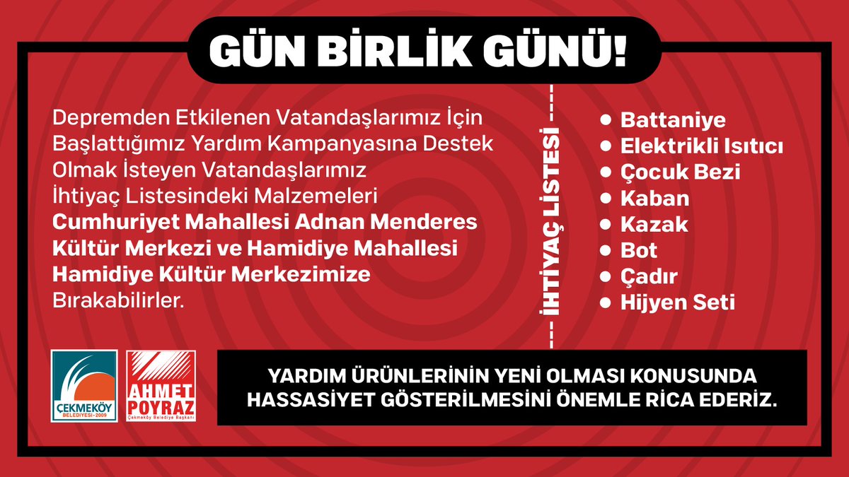 Cekmekoybeltr's tweet photo. Haydi #Çekmeköy gün birlik günü!

#Kahramanmaraş’da meydana gelen ve birçok ilimizin etkilendiği #deprem sonrasında afet bölgesine ulaştırılmak üzere yardım kampanyası başlattık. https://t.co/pUcpTZKDch