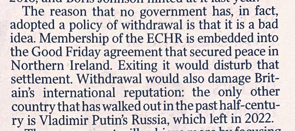 13sarahmurphy's tweet photo. Wanting to leave the ECHR because you can’t sufficiently breach people’s human rights within it rings huge alarm bells about the kind of person you are, the hatred that drives you and how v little you know about how a country works…or doesn’t.
The Times timidly tries to explain. https://t.co/0v7OASuHwo