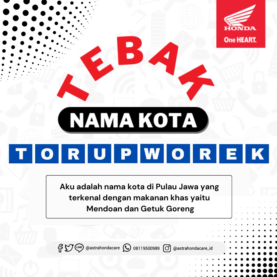 AstraHondaCare's tweet photo. Yang belum ikutan Giveaway masih ada waktu ya!

Mimin repost materi Giveawaynya ya. Cuma tebak nama kota dan cuz buruan jawab dikolom kementar 😊
Dapetin hadiah pulsa 25K dari Mimin untuk BroSis yang beruntung 🙂 (cont) https://t.co/ICTDhkPdKv