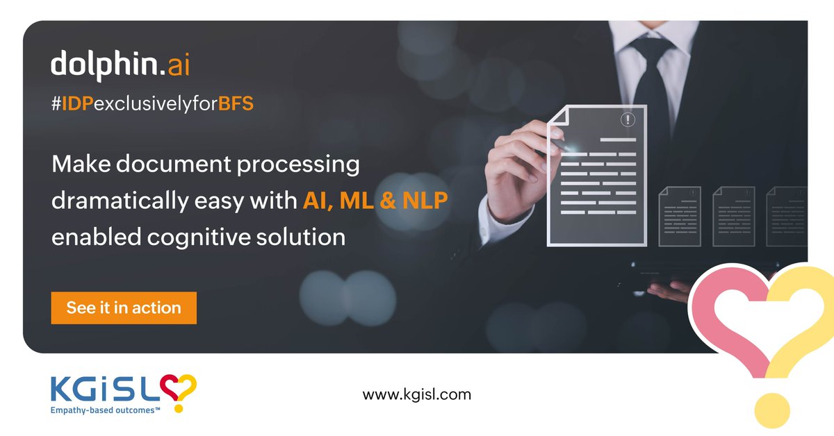 Revolutionizing the way #banking &amp; #financialservices handle #documentprocessing - #Dolphin_ai.
Introducing our AI-enabled solution that streamlines document processing with reduced manual effort &amp; increased efficiency.  
Learn more @ bit.ly/3HWQHx5
#kgisl #ai #ml #nlp
