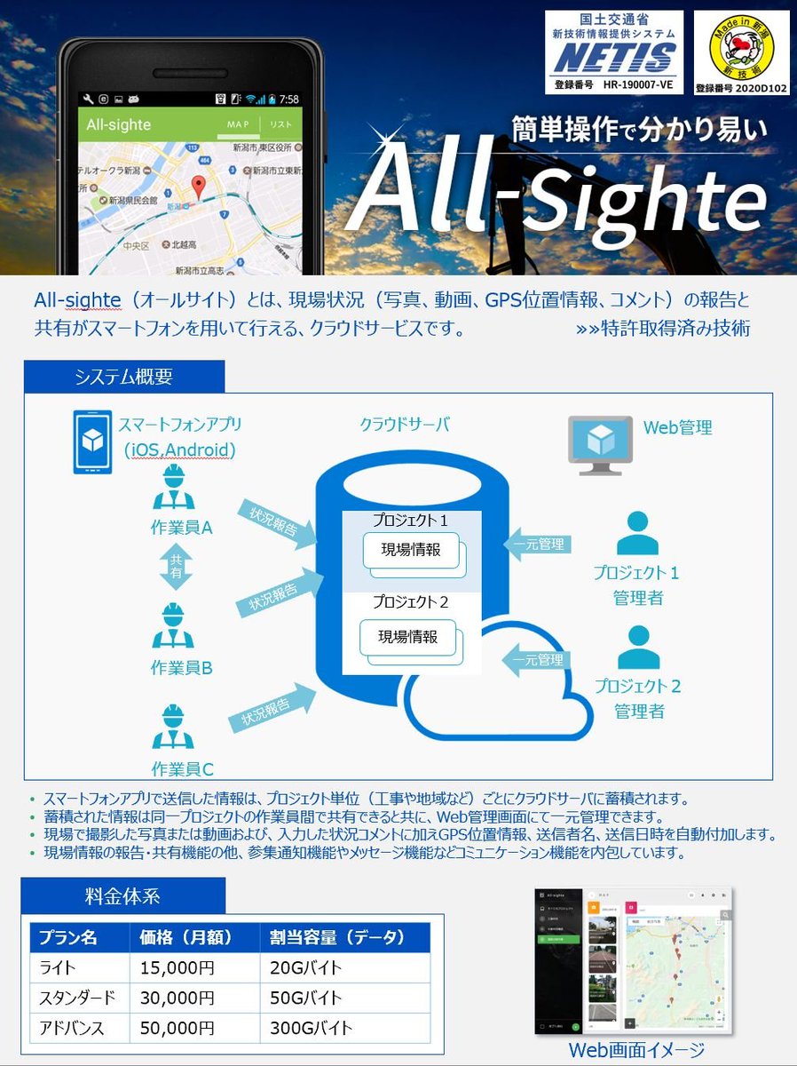 OyanagiOfficial's tweet image. #現場情報共有システム『All-sighte（#オールサイト）』が #NETIS（国土交通省新技術提供システム）の最高ランク VE評価に！現場状況の報告と共有がスマートフォンを用いて行えるクラウドサービス。広域インフラの点検や災害時の情報収集にぜひご活用ください！#小柳建設 #Allsighte #建設DX #DX