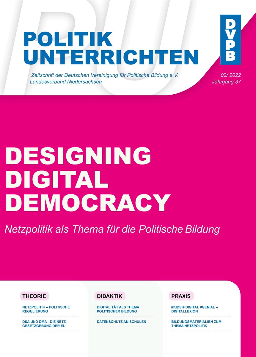 Bei unseren Mitgliedern landet sie im Briefkasten. Für alle anderen gibt es nur die Onlinefassung. Aber auch die ist jetzt da! #PolitikUnterrichten 2/22 zum Thema Netzpolitik &amp; #politischeBildung mit dabei u.a. <a href="/janagooth/">@jana.gooth@eupolicy.social</a>, @NilsQuentel &amp; @DemokratieNDS 👇🏽
dvpb-nds.de/zeitschrift-pu/
