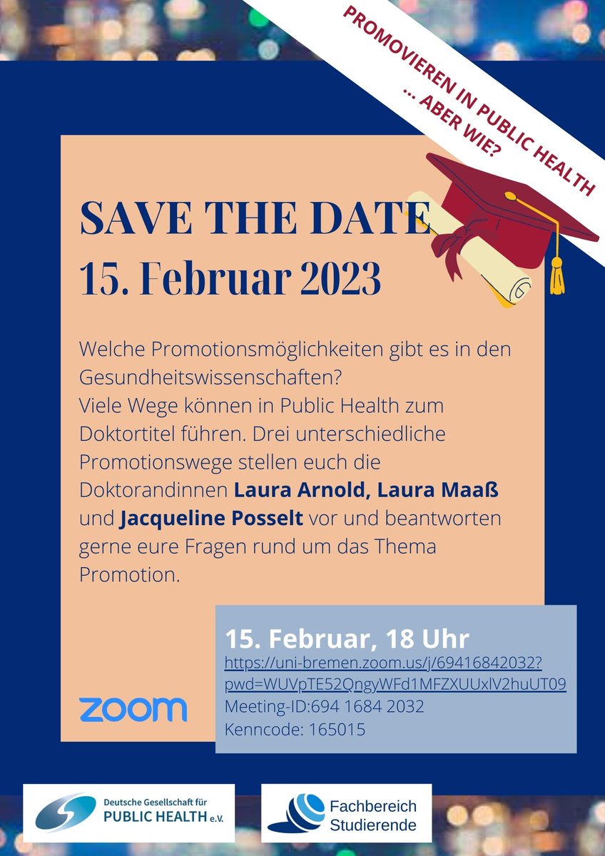 🗓️Save the date! 
Am 15.02. um 18:00 Uhr findet ein Promotions-Special unserer Veranstaltungsreihe Karrierewege in PH statt. Ihr erhaltet Einblicke in die Promotionswege von drei tollen #Doktorandinnen und könnt eure Fragen rund um das Thema #Promotion  stellen. 
#publichealth