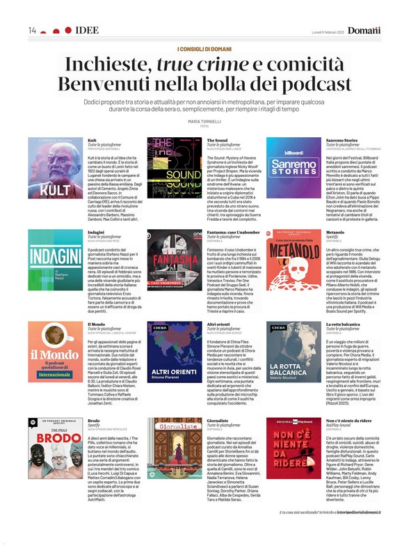 Proseguono su @DomaniGiornale le (apprezzatissime) pagine finali del lunedì con segnalazioni di libri, fumetti, film, serie tv e altro ancora: stavolta è @MariaTornielli a suggerire 12 podcast «per non annoiarsi, per imparare qualcosa, per riempire ritagli di tempo»