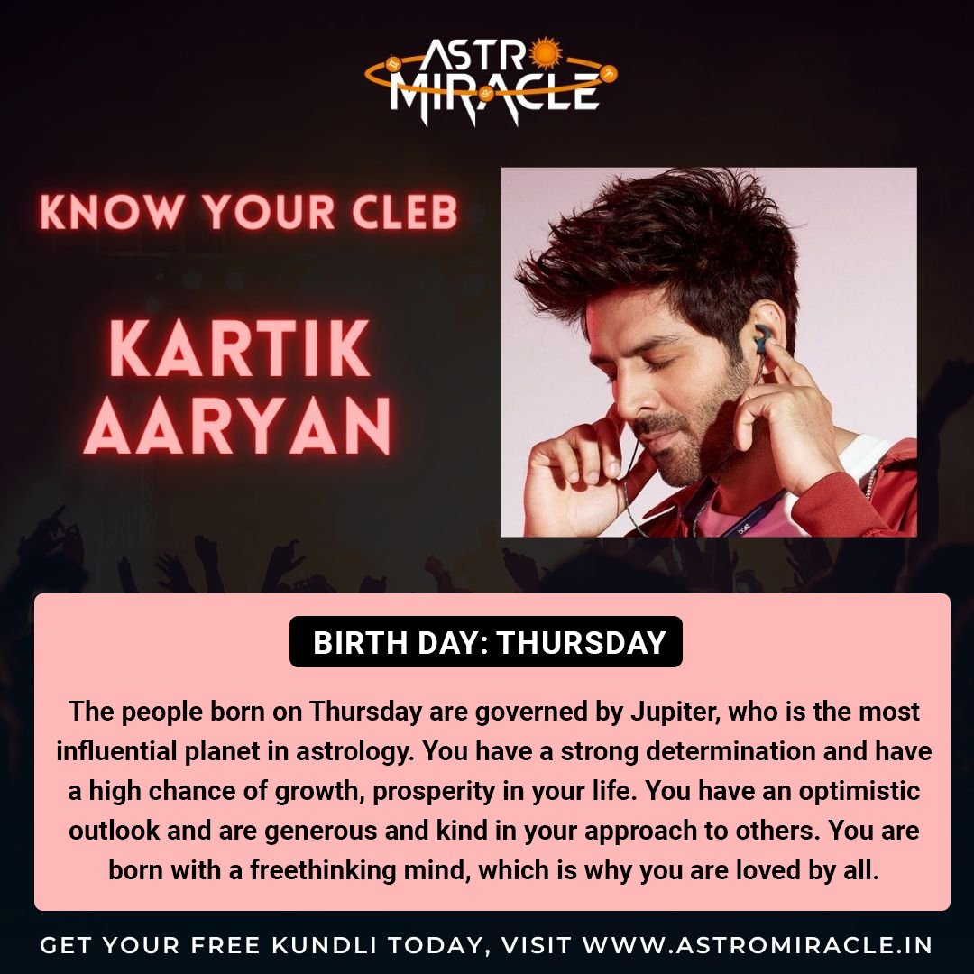 Astromiracle_in's tweet photo. Know Your Kartik Aaryan
Get Your Free Kundli Today, Visit https://t.co/UrhZ8RJ5oh
#knowyourceleb #KartikAaryan #KartikAaryanfan #Kartik #bollywood #pathansrk #bollywoodstars #astromiracle #astrologyfacts #miracleshappen #astrologylover #astrologysign #astrologytips https://t.co/mOm1yP9GYa